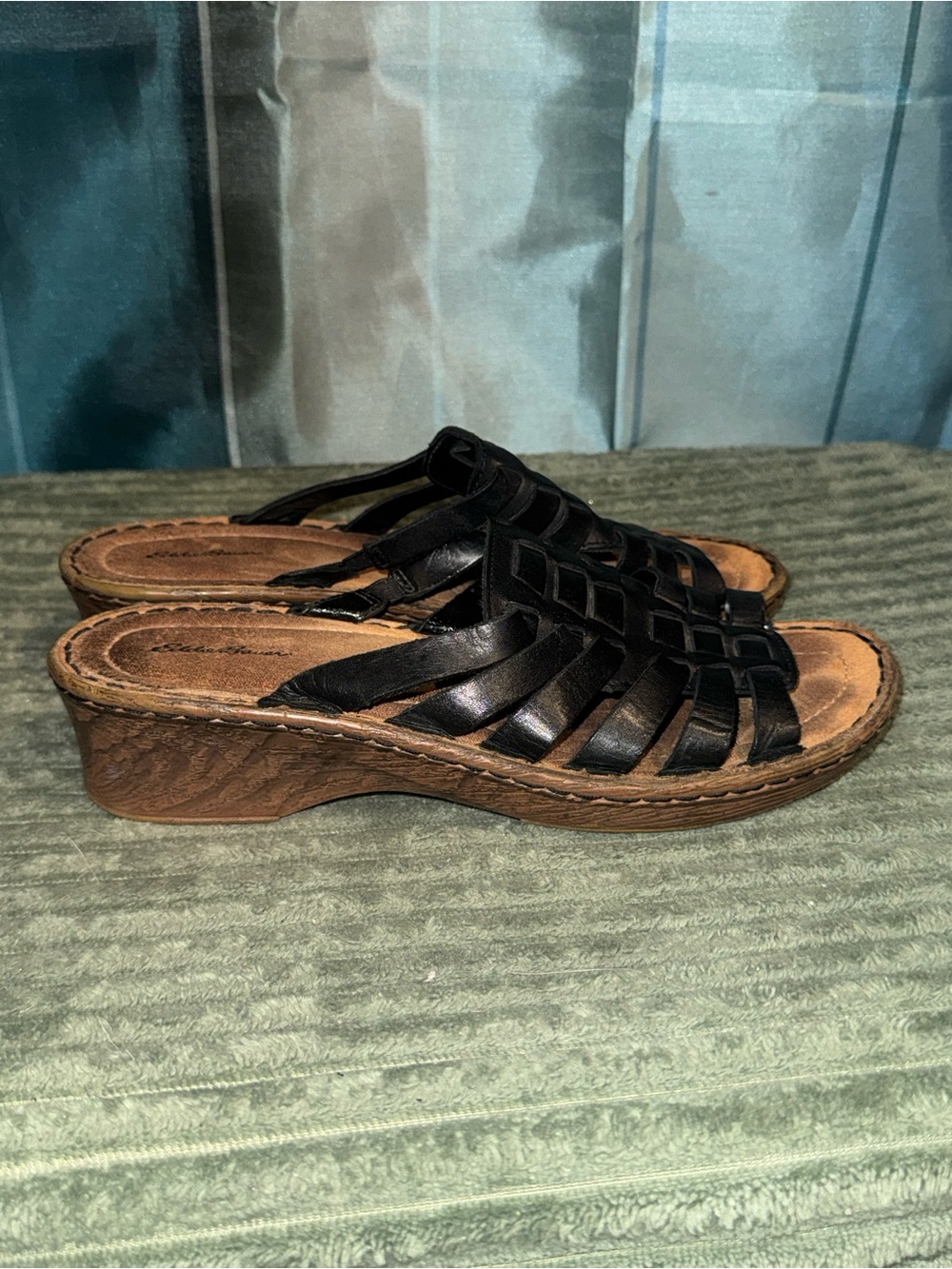 Eddie Bauer Black Woven Leather Slide Sandals with Brown Wedge